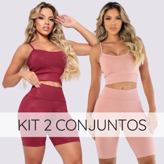 Kit 2 Conjuntos fitness feminino short bermuda top com bojo removivel Suplex academia treino corrida em Oferta na Shopee