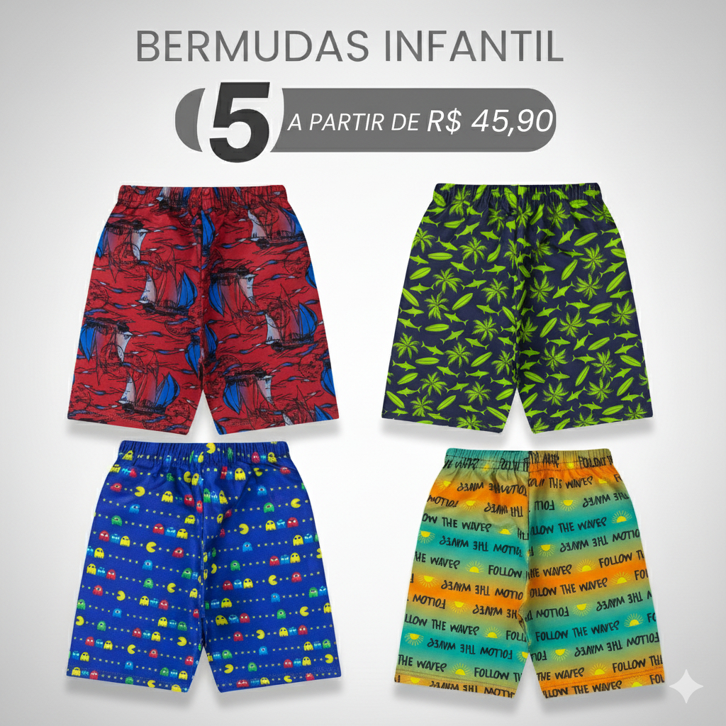 Kit 5 Bermudas Menino Infantil Shorts Tactel Estampado Praia Estampas Sortidas Diversas Verão Kids