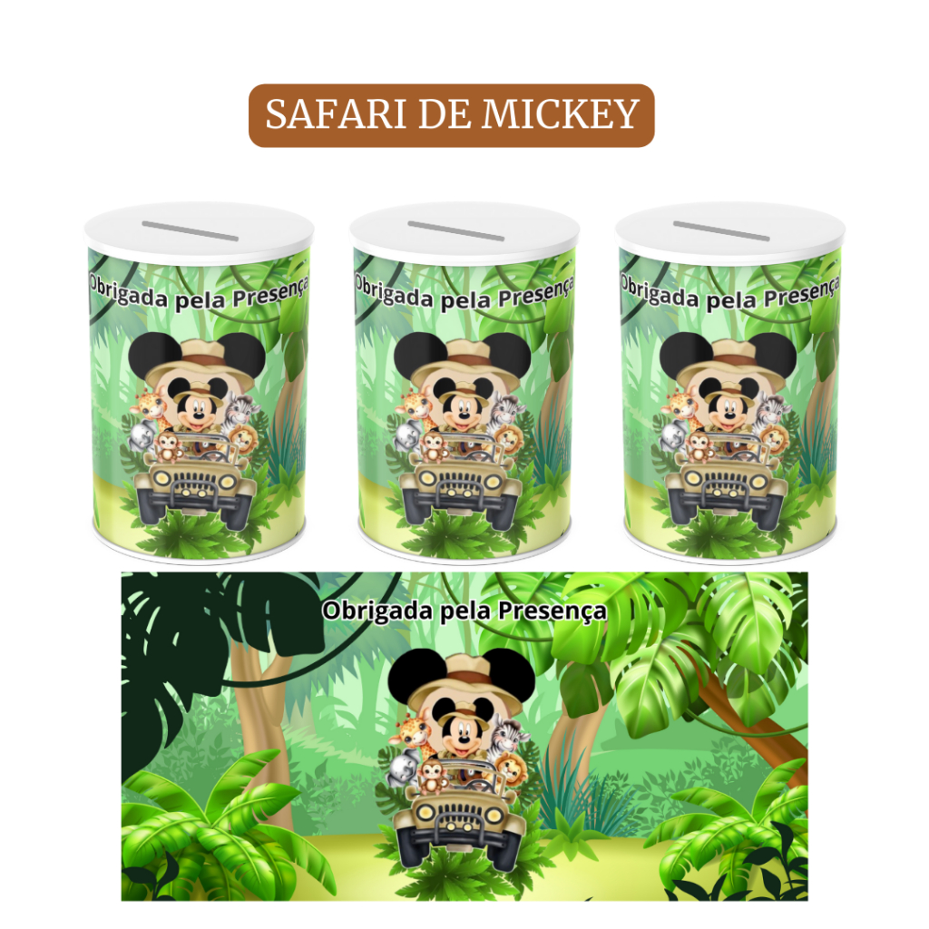 Adesivo para Cofrinho Personalizado para Aniversario Festa Infantil de Criança Mimo Lembrancinha Safari do Mickey