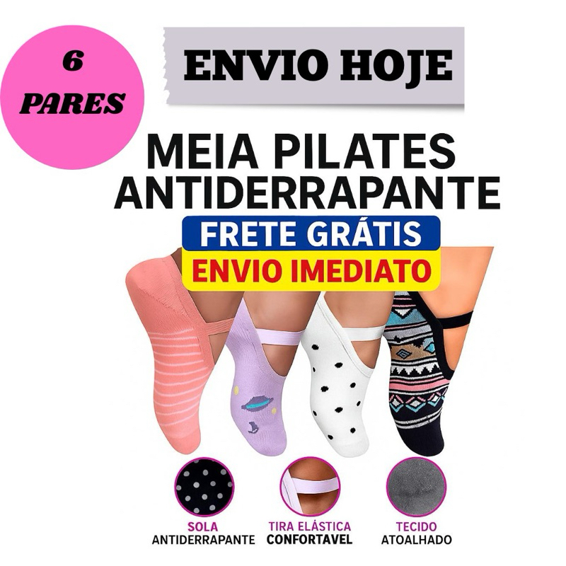 6 Pares Meia Sapatilha Pilates Antiderrapante 35/40Feminina Algodão Ideal para Yoga Academia Hidroginastica Frete Gratis em Oferta na Shopee