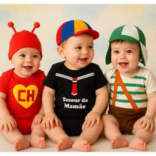 Body Bebê kiko/Chaves/Chapolim Body + Boina Mesversario Fantasia Infantil