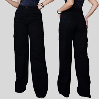 Calça Cargo Preta Jeans Wide Leg Feminina Pantalona em Oferta na Shopee