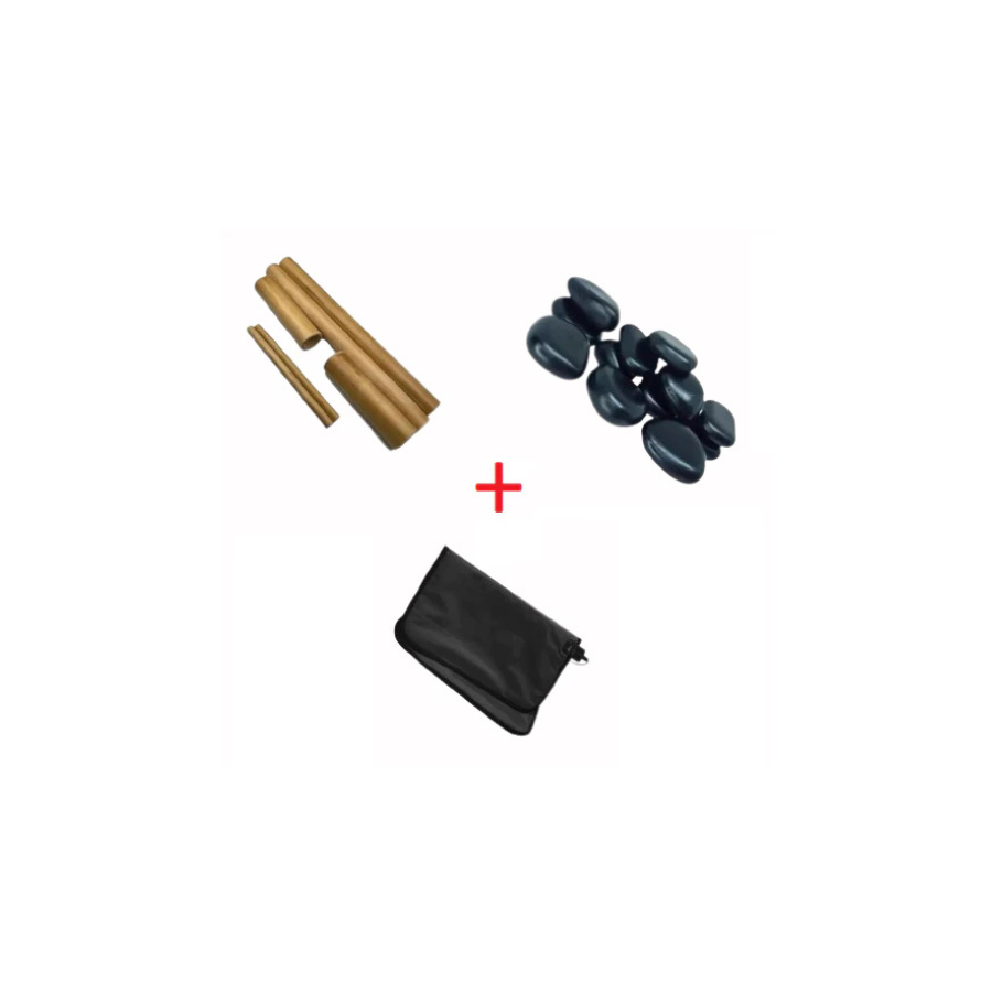 Kit 12 Pedras para Massagem com Bolsa e kit Bambu Pedras Quentes Vulcanicas Bambuterapia