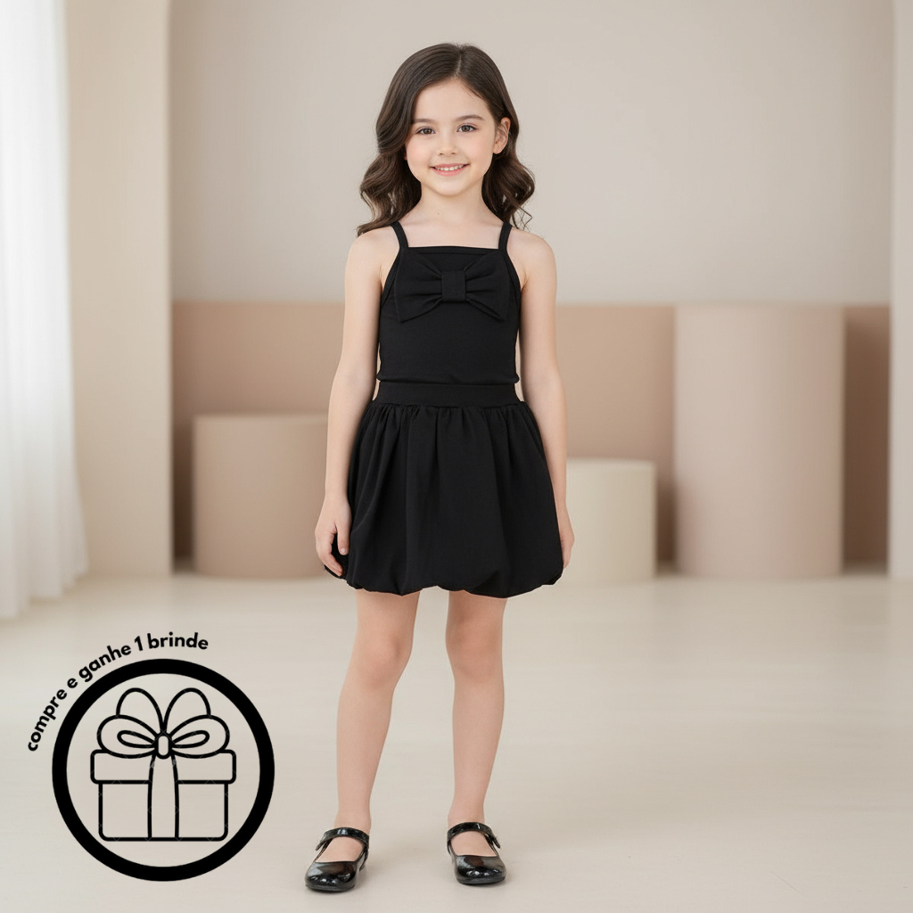 Conjunto Infantil Menina Feminino Saia Balonê e Blusa com Laço Saia com Short Embutido