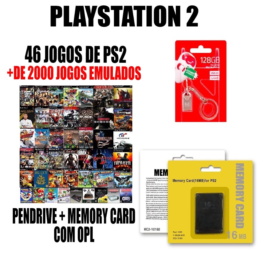 Pen Drive 128gb com 1000 Jogos para Ps2 + Memory Card com Opl