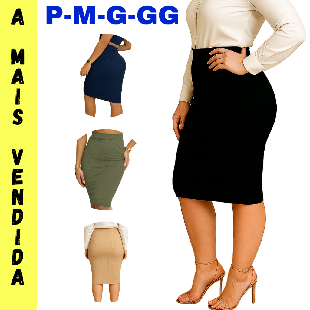 Saia Mid Lápis Canelado Moda Feminina Cintura Alta Evangélica Premium em Oferta na Shopee