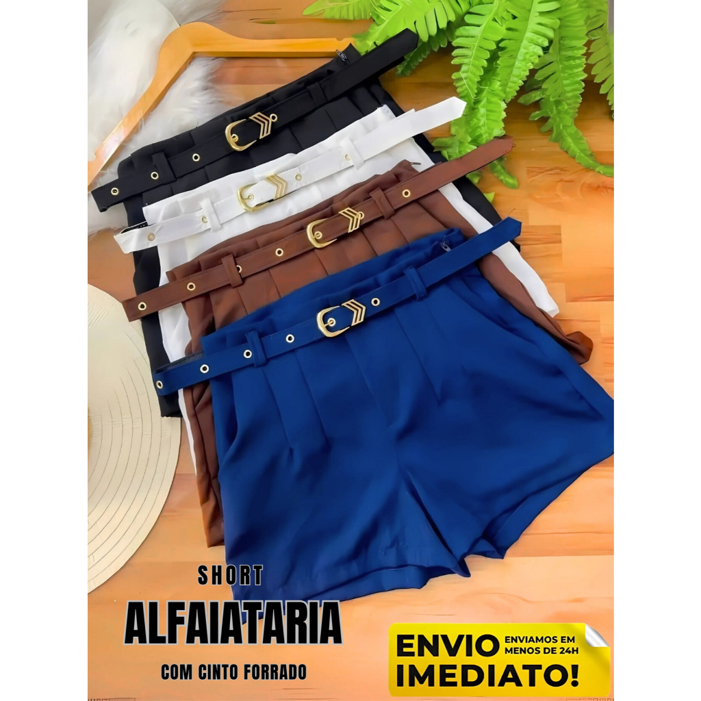 Short Alfaiataria Feminino Com Bolso e Cinto Forrado Diferenciado em Oferta na Shopee