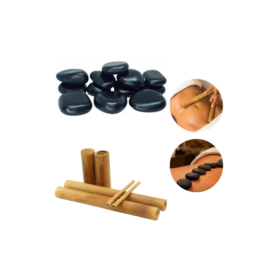 Kit Redução de medidas 12 pedras quentes vulcanicas basalto para massagem + 6 bambus bambuterapia termoterapia