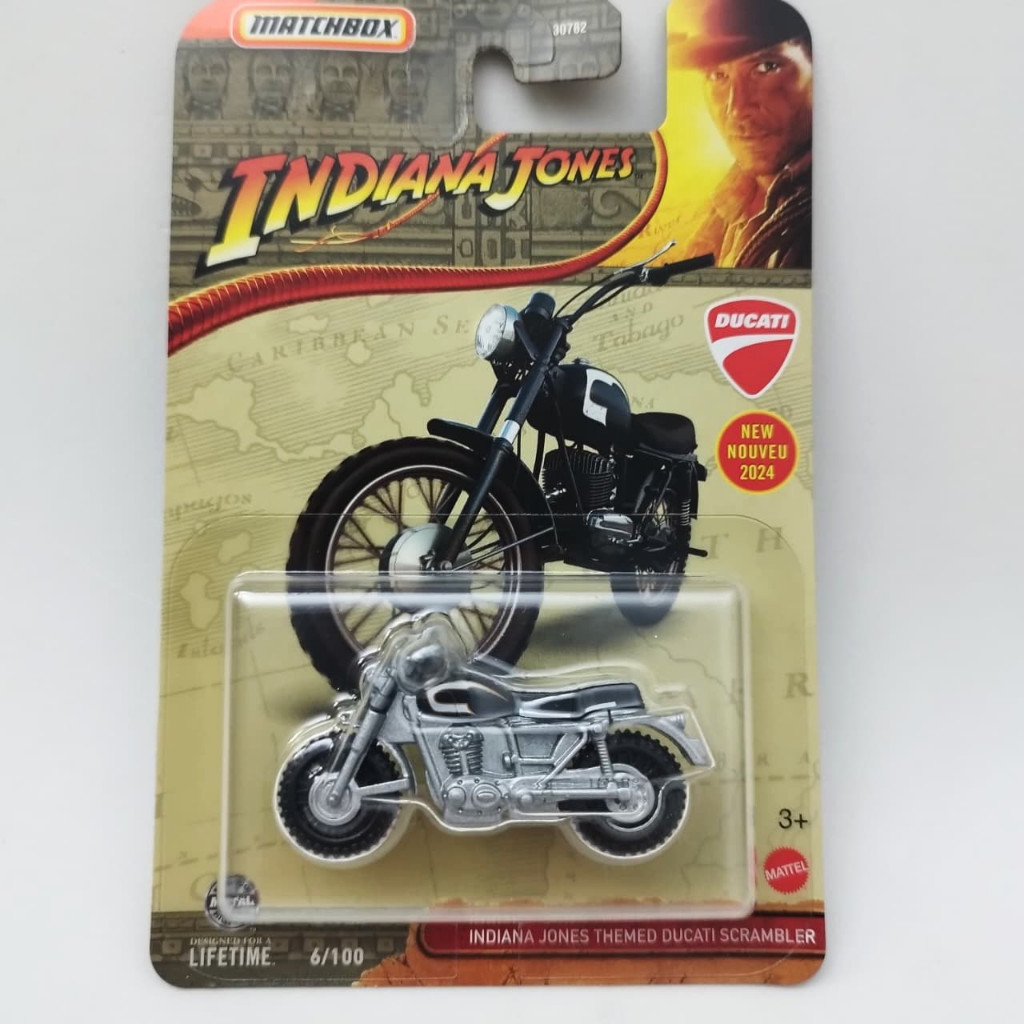 Matchbox Moto, Motocicleta Indiana Jones Ducati Scrambler 2024 – Moto Colecionável 1:64