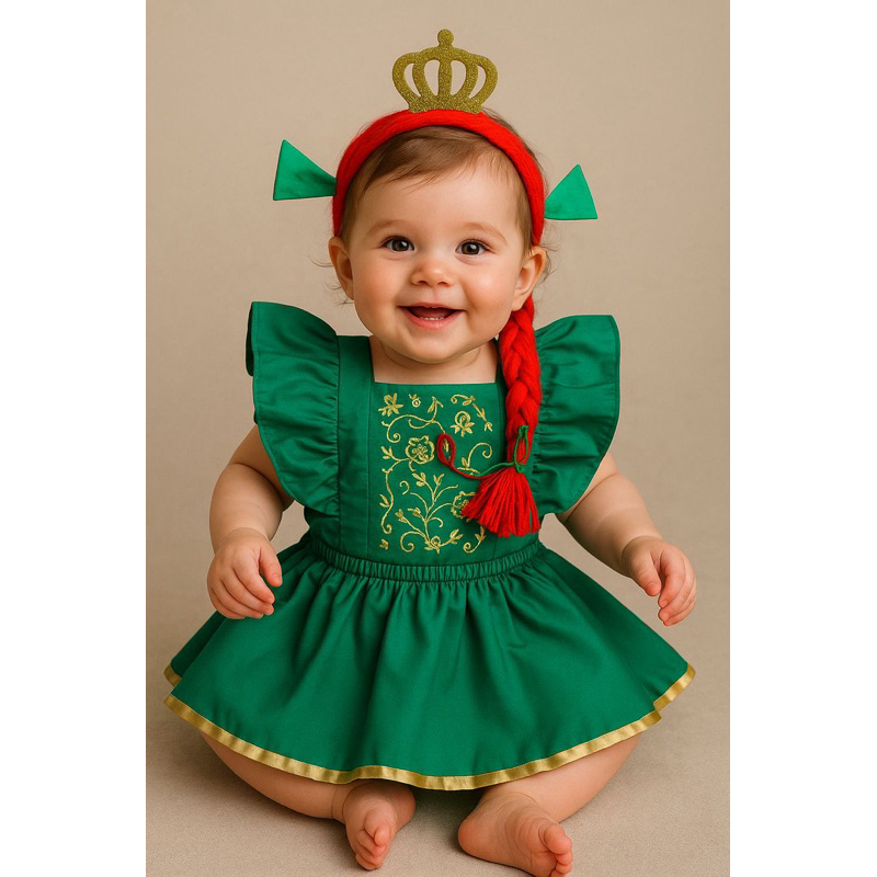 Fantasia Bebê Princesa Fiona Romper Salopete Verde com Tiara Trança Vermelha Cosplay Confortável