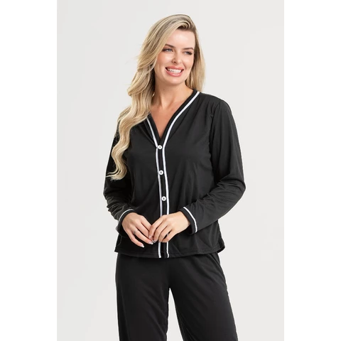 Pijama Longo Americano de Botão Feminino – Roupa de Dormir Adulto Inverno