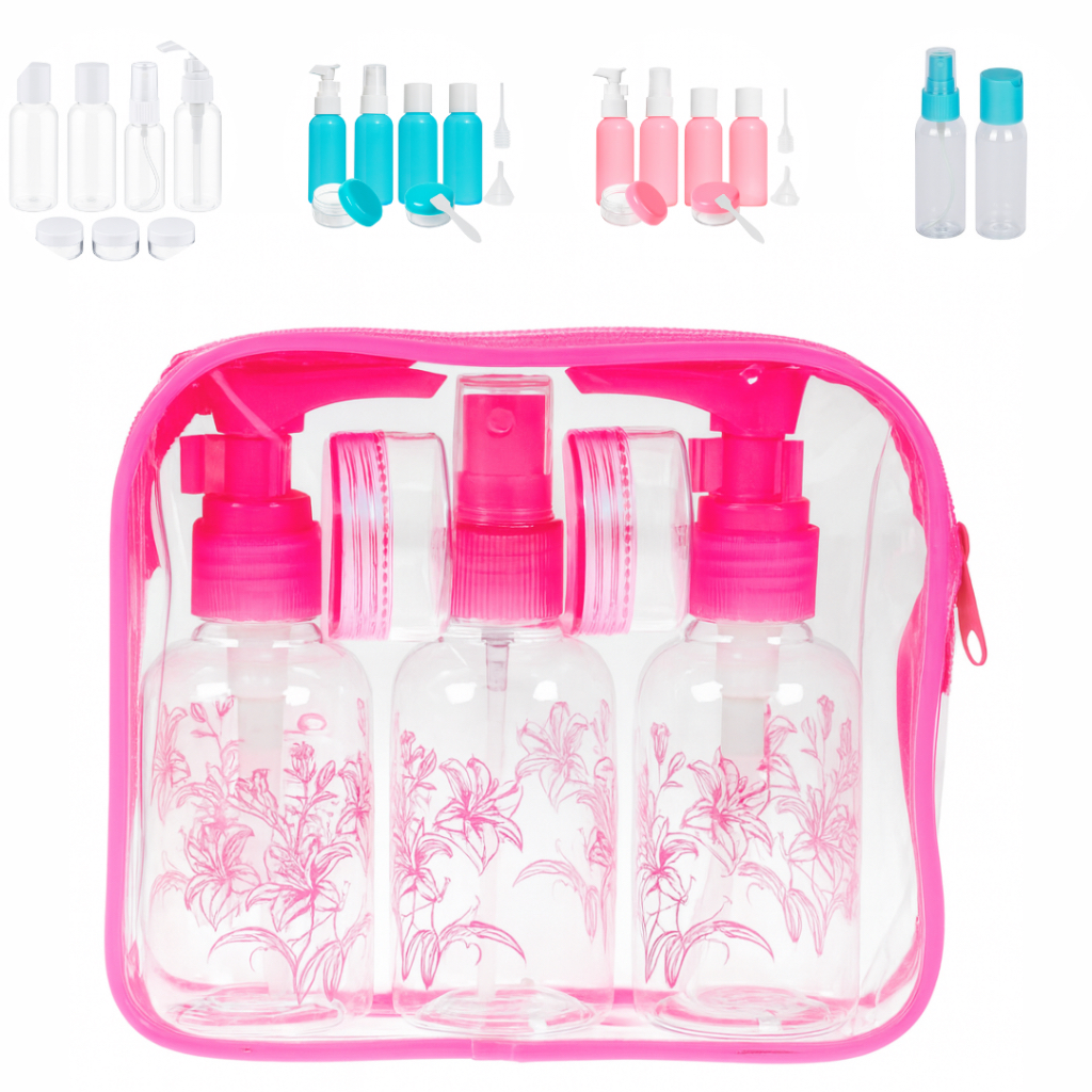Kit Viagem Peça Higiene Pessoal Shampoo Creme Hidratante Frasco Pote Spray + espatulas e Necessaire