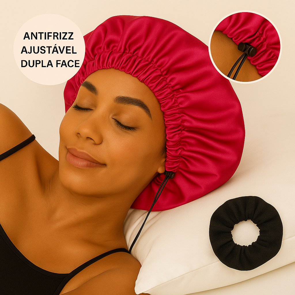 Touca de Cetim Antifrizz Regulável Dupla Face + Scrunchie | Proteção Noturna Para Cabelos