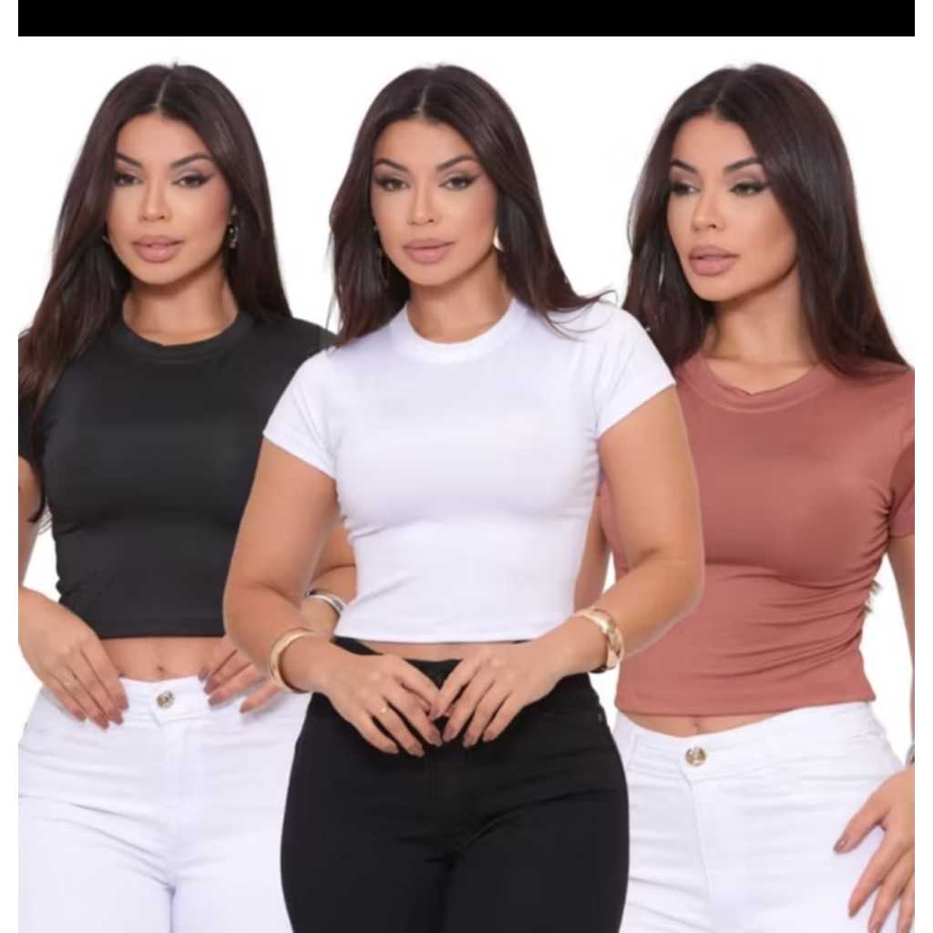 Cropped Manga Curta Canelado Manguinha Gola Redonda Ribana Canelada Algodão Blusinha Curta Camiseta Básica