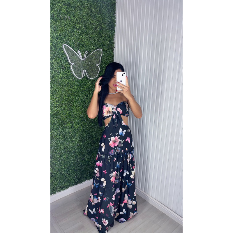 Vestido Iza longo floral tomara que caia moda paty
