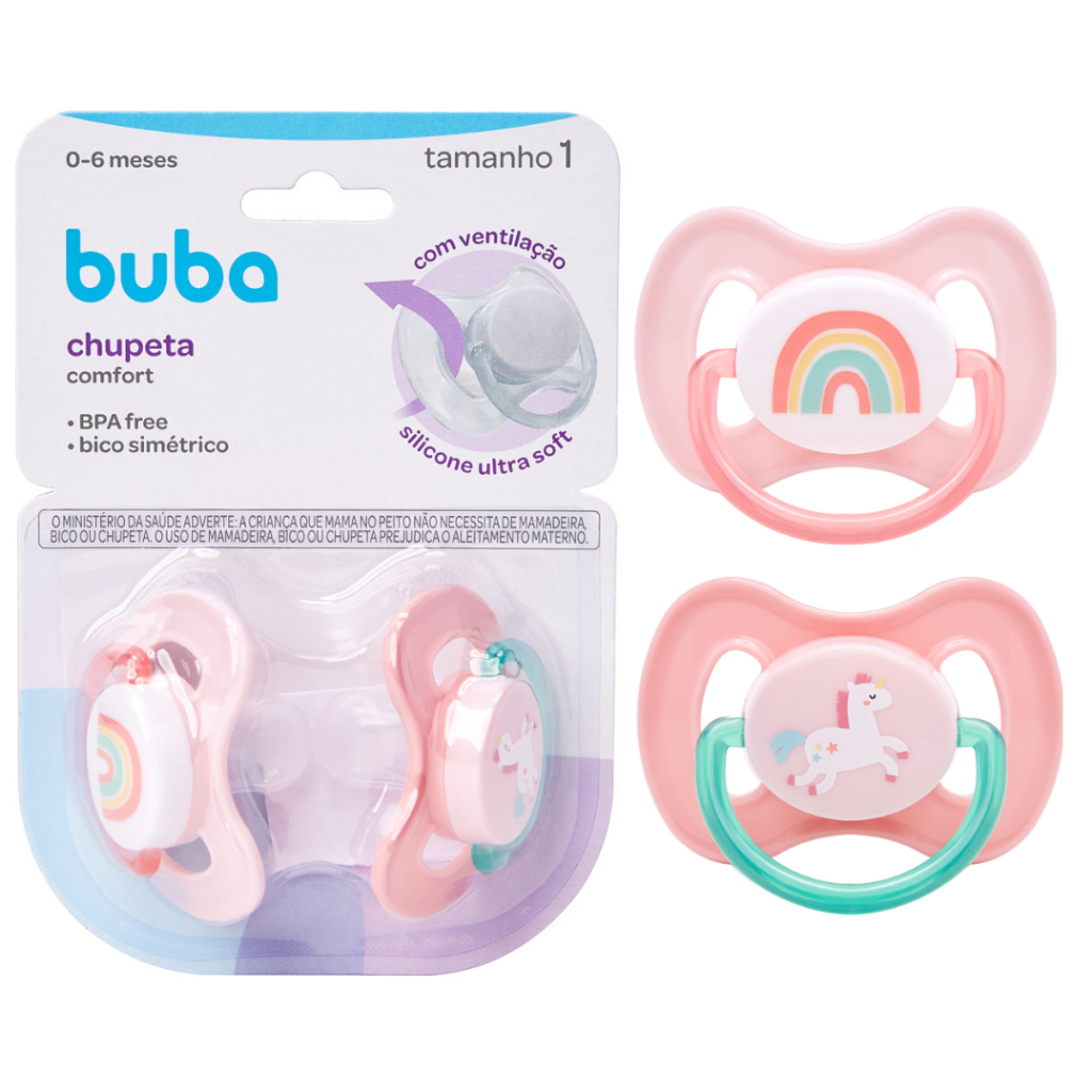 Kit Chupetas Unicórnio e Arco-íris Tamanho 1 (0 á 6 Meses) Comfort Ultra Soft Rosa Delicado - Buba