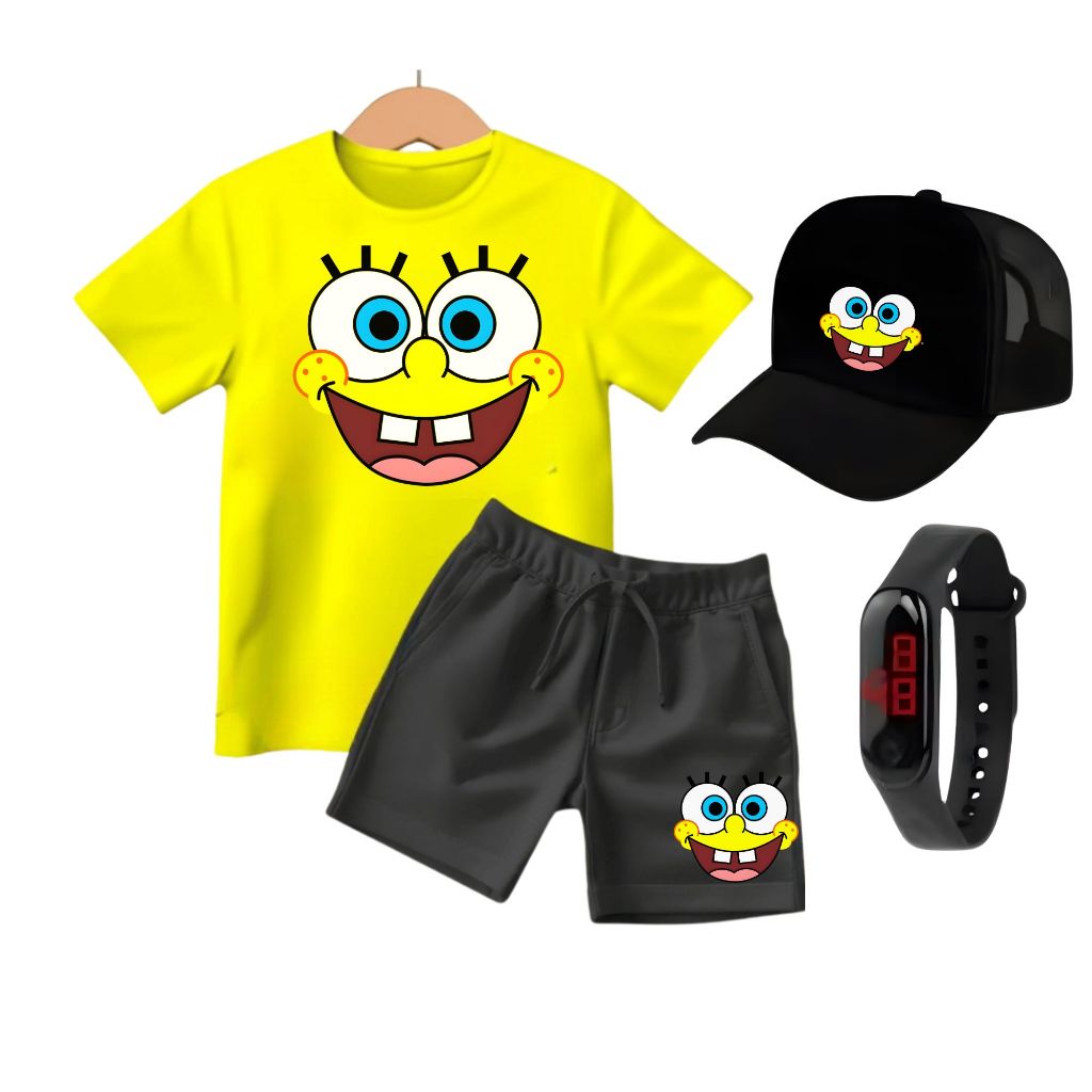 Conjunto Infantil Meninos Camiseta Short Relogio Boné Bob Esponja em Oferta na Shopee