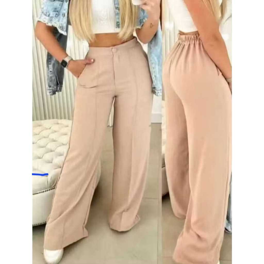 Calça GG Feminina Pantalona Wide Leg Duna com Botão Tendência 2025 Lisa