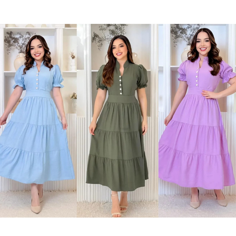 Vestido mídi feminino evangélica com manga princesa com elastex na costas confortável tecido algodão em Oferta na Shopee