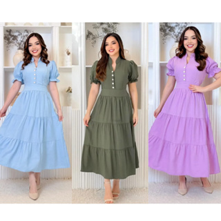 Vestido mídi feminino evangélica com manga princesa com elastex na costas confortável tecido algodão em Oferta na Shopee
