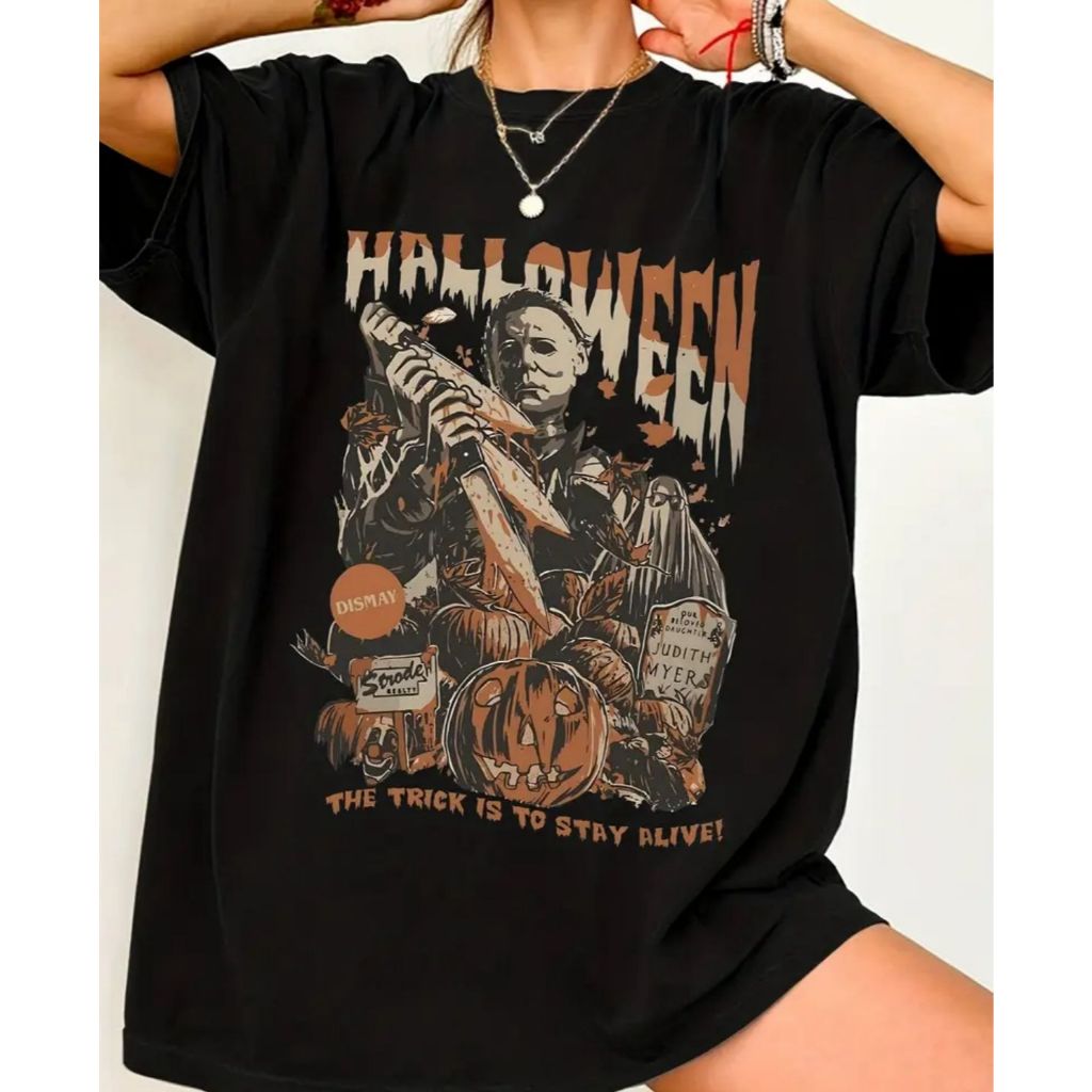Blusa Feminina Vintage Michael Myers Halloween Retro Manga Curta Roupa Temática Terror Camiseta Algodão Envio Imediato