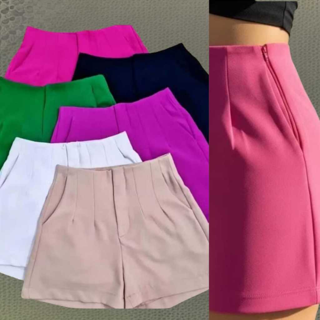 Short Alfaiataria Feminino Social Elegante Lizo com Cinto Bolso e Ziper na Lateral Verão 2025