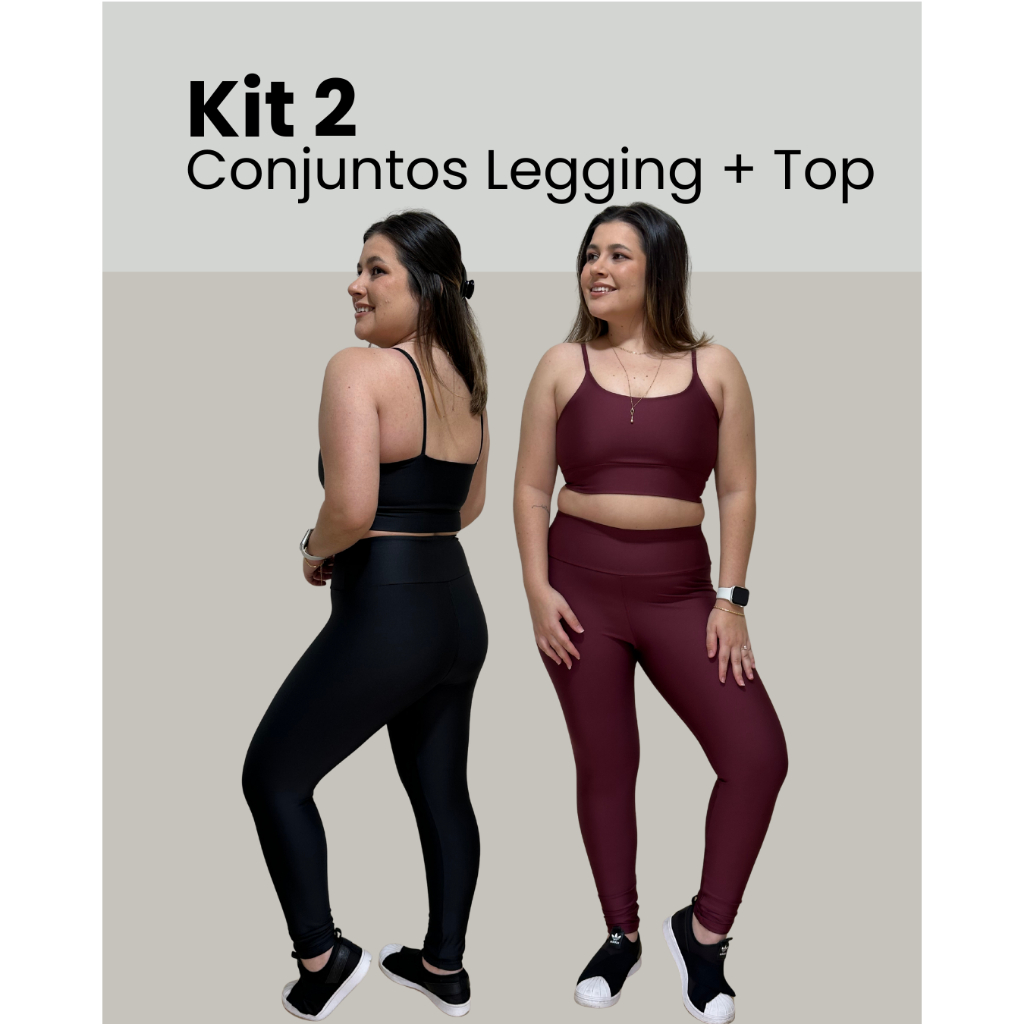 Kit 2 Conjuntos Fitness Feminino Legging Cós Alto + Top Alça Fina Zero Transparência Academia