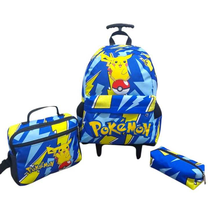 KIT MOCHILA ESCOLAR MENINO  RODINHAS DO POKEMON THUNDER / MOCHILA + LANCHEIRA + ESTOJO