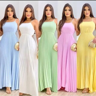 Vestido Feminino Longo Tecido Duna Plizado Envio Imediato