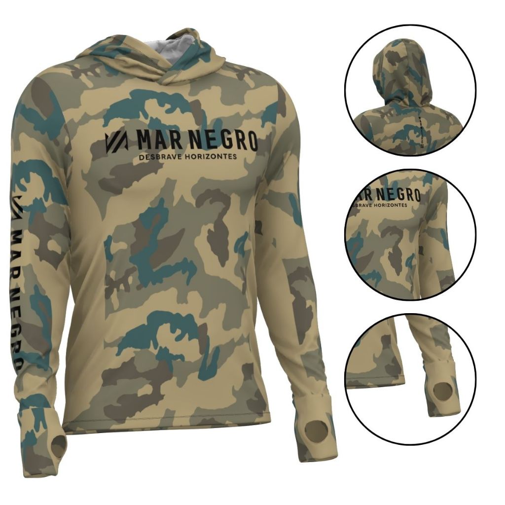 CAMISETA DE PESCA MASCULINA X-PROTECTION SUBLIMADA CAMUFLADA CAQUI CAMISA MAR NEGRO