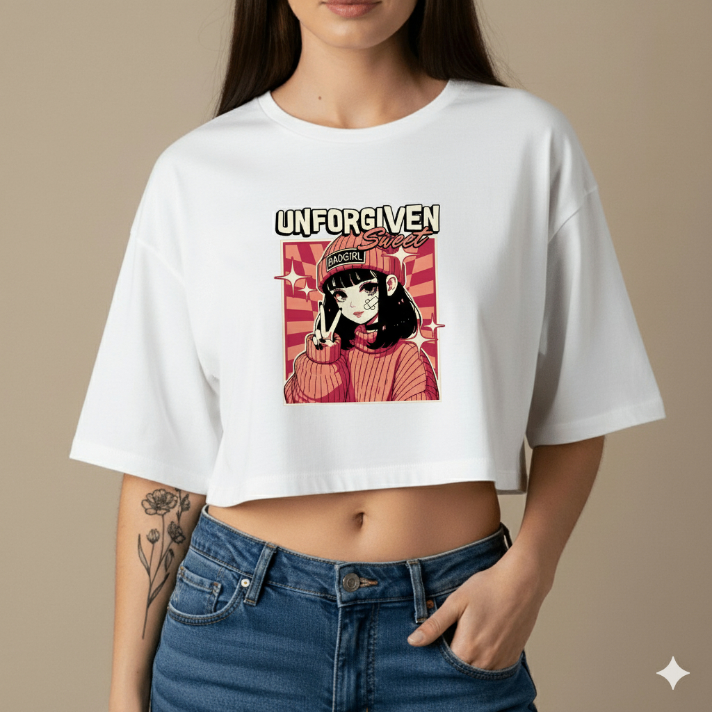 Croped Oversize de Algodão T-shirt Estampado Anime Blusinha Estilosa