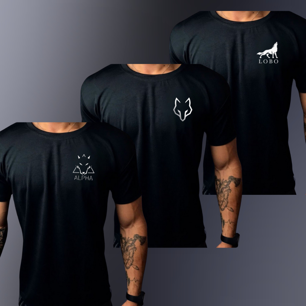 Kit Com 3 Camisa Dry FIT Masculino MIX LOBO01 Camiseta Premium Academia Treino Esportiva Corrida