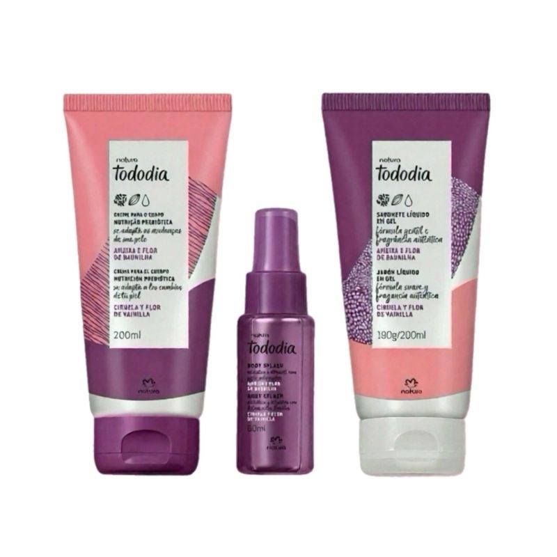 kit Todo dia Ameixa  flor de baunilha com creme para corpo 200ml, sabonete líquido 200ml e boby Splash 60ml