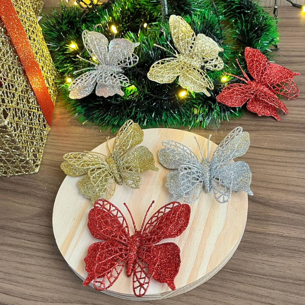 Enfeite natal borboleta com gliter 3 unidades 10cm festa natalina decoração final do ano