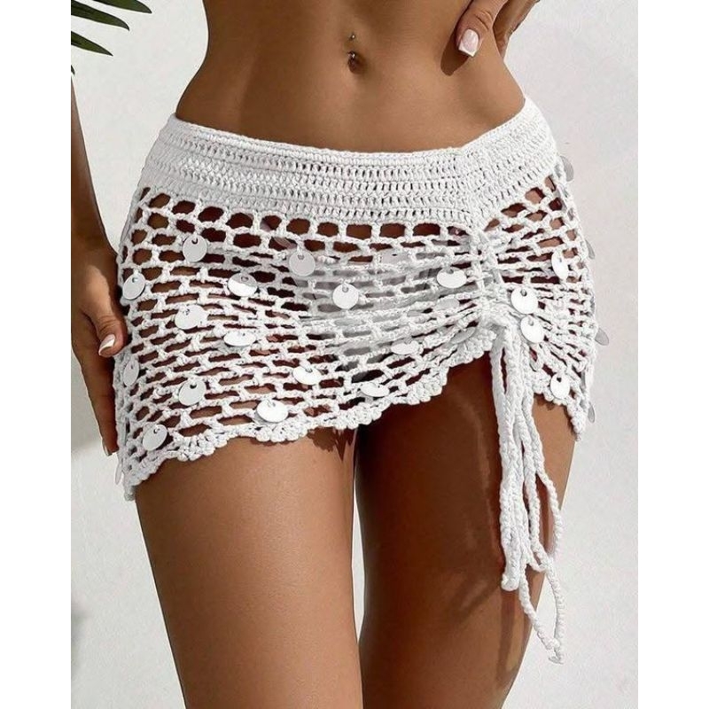 Saia em crochê Glam Shine moda praia feminina com paetês mini saia de luxo cinto regulável feito a mão