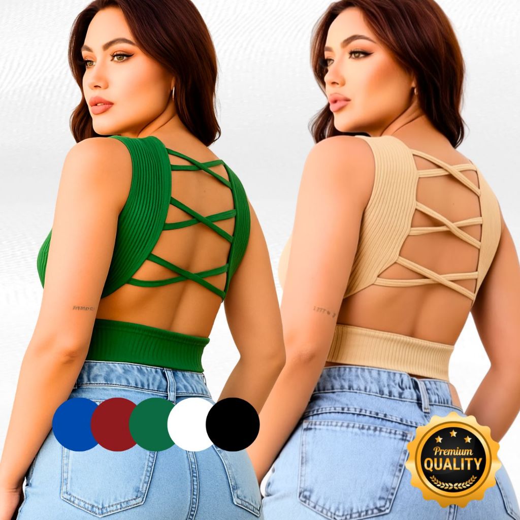 Cropped Canelado Premium com Bojo Feminino Trançado nas Costas Veste do 36 ao 42 Moda Gringa Verão