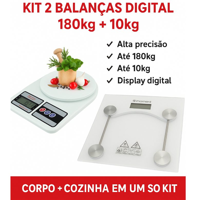 Kit Balança Corporal Digital até 180kg + Balança de Cozinha Digital até 10kg