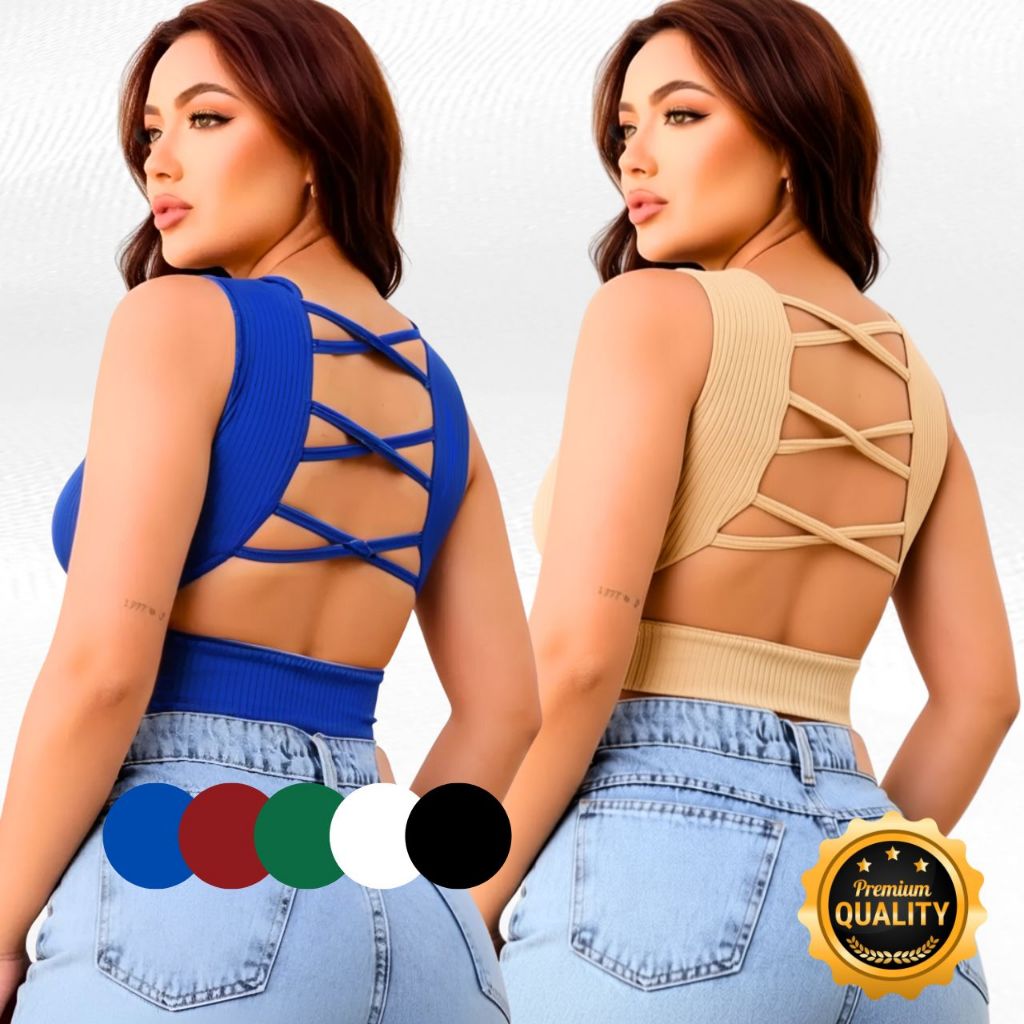 Cropped Canelado Premium com Bojo Feminino Trançado nas Costas Veste do 36 ao 42 Moda Gringa Verão em Oferta na Shopee