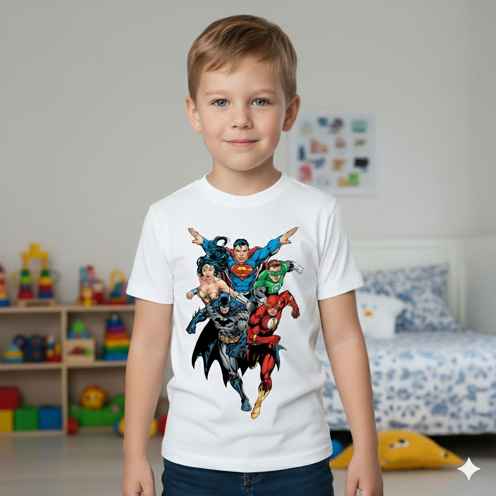 Roupas de Criança Menino Básica Camisetas Masculinas Infantil Personagem Liga da Justiça Algodão Camisa Branca e Preta