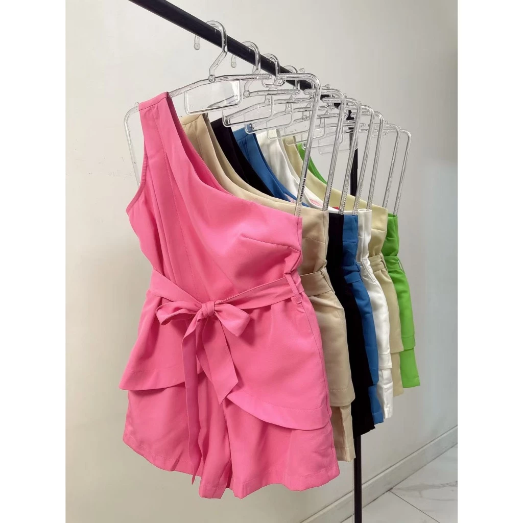 YAN FASHION Conjunto Feminino Blusa Ombro Único com Faixa e Short Alfaiataria Elegante Verão — imagem 1