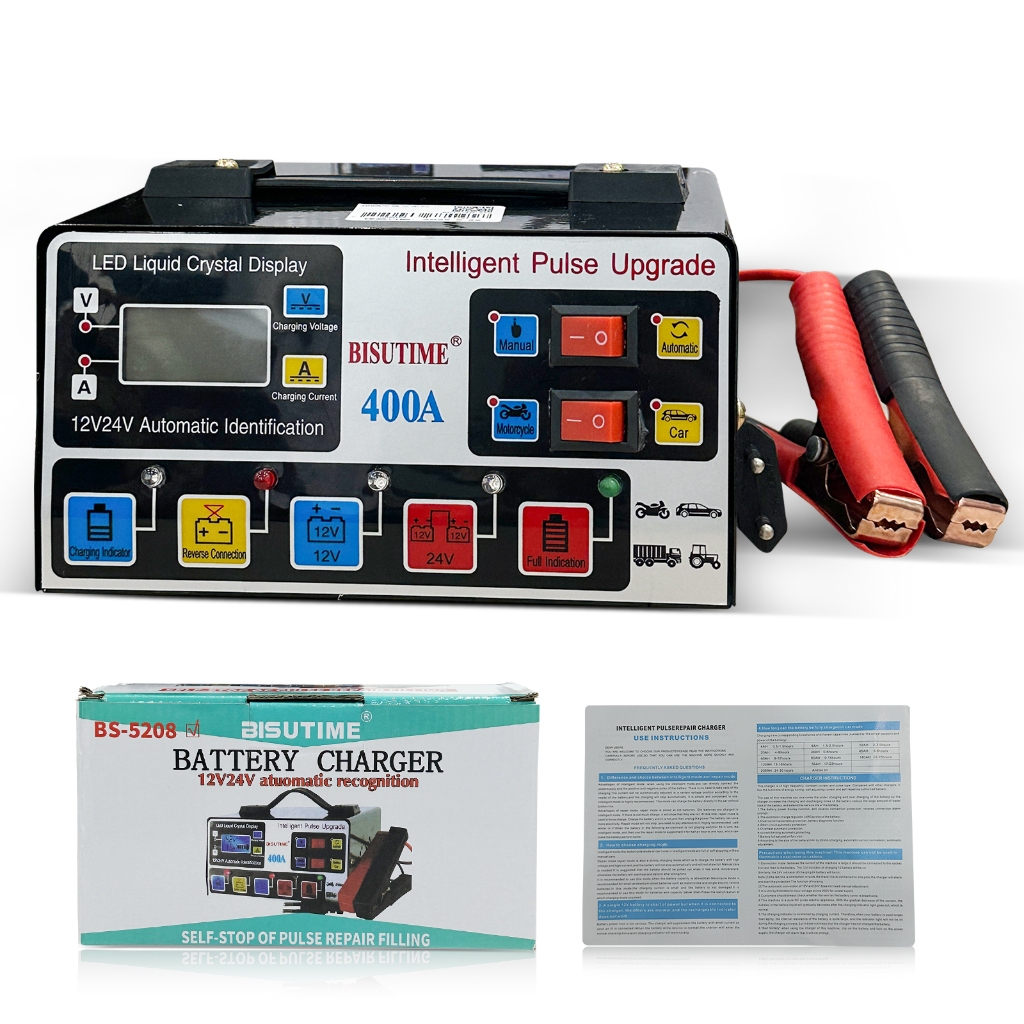 220V Carregador de Bateria Inteligente BISUTIME 400A, 12V/24V Automático, Recuperação de Pulso, para Carro e Motocicleta