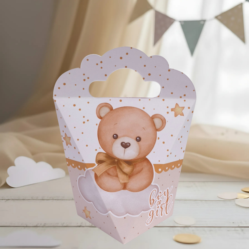 10 Caixas Triangulove Chá de Bebê Fraldas Revelação Ursinho Menino Dourado Neutro | Lembrancinhas | (Pegue e Monte)