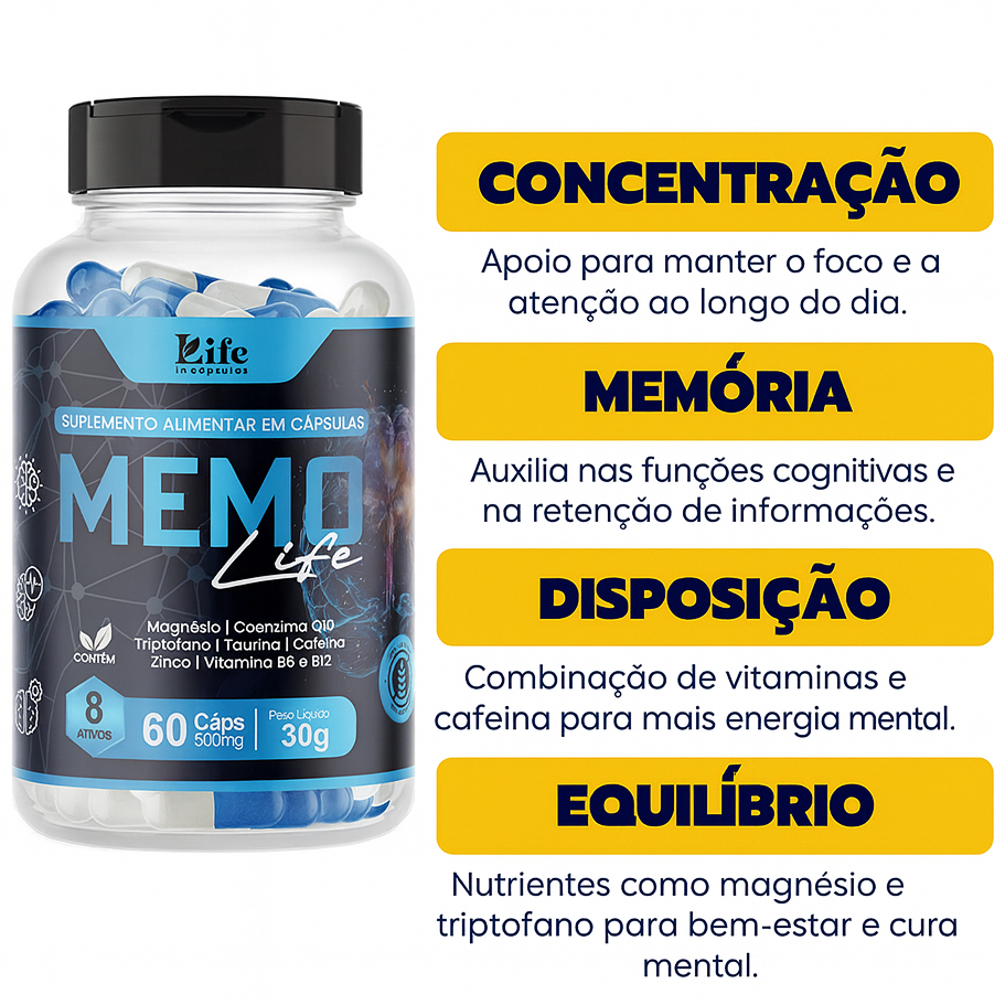 Memo Life 60 Cápsulas – Memória, Energia, Clareza Mental, Concentração, Disposição - Envio Imediato