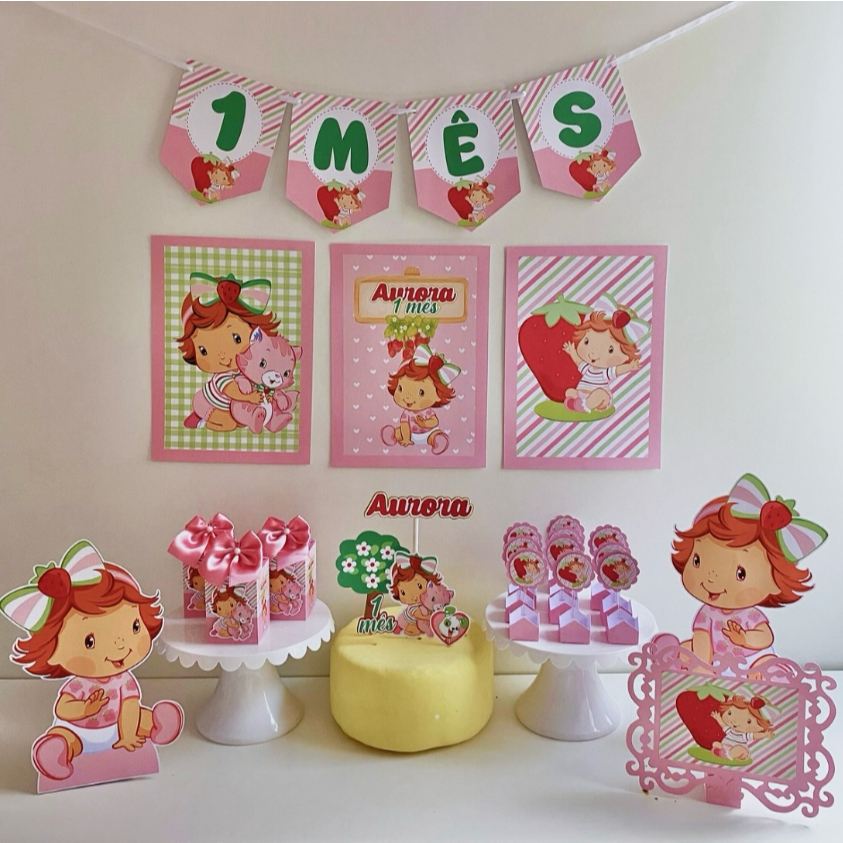 Kit Festa Moranguinho Baby Personalizado | Só Bolinho | Mesversário | Aniversário Decoração Casa e Escola | 100 itens