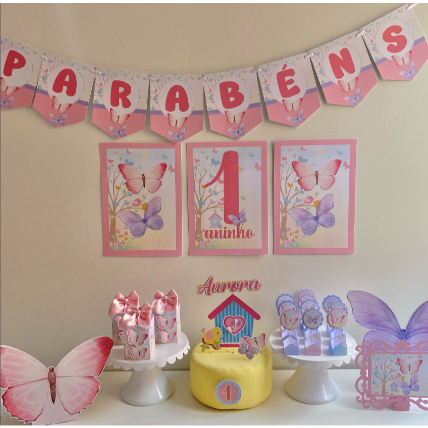 Kit Festa Jardim Encantado Borboletas Rosa Personalizado |Só Bolinho | Mesversário | Aniversário Decoração Casa e Escola