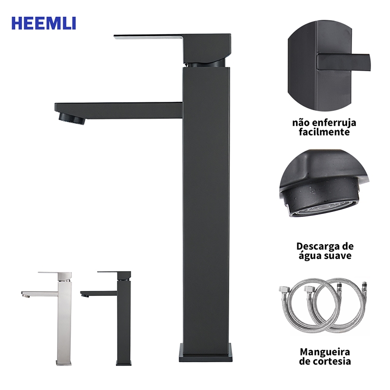Heemli torneira banheiro inox monocomando Lavabo Saída Alta para Cuba Quadrado Pintura Preta Ajuste Água Quente Fria em Oferta na Shopee