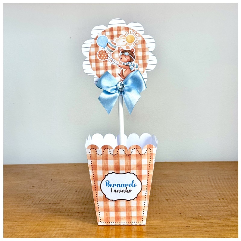 Kit de Centro de mesa Ursinho Aviador Personalizado | Arranjo Cachepô Lembrancinha Festa