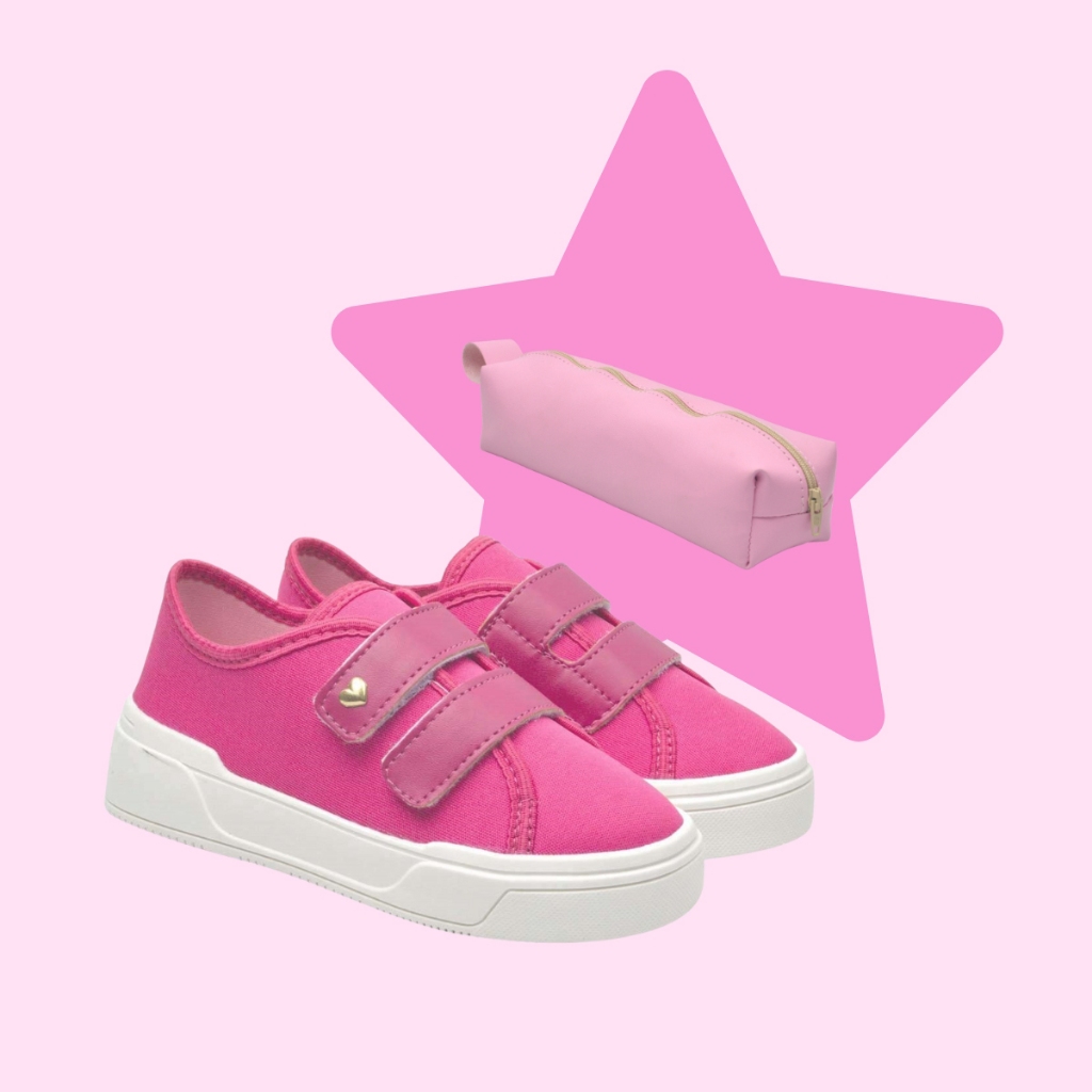 Kit Tênis + Estojo Infantil Feminino Casual Confortável Com Estojo Escolar Rosa Moderno Moda