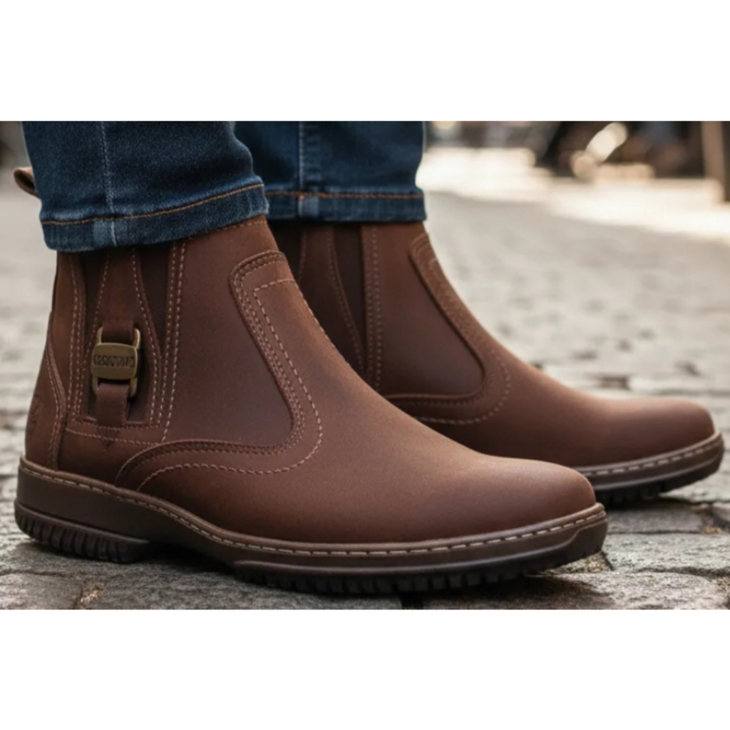 Bota Country Masculina Em Couro Nobuck Botina Solado Borracha Costurad Serviço Trabalho Passeio 1020
