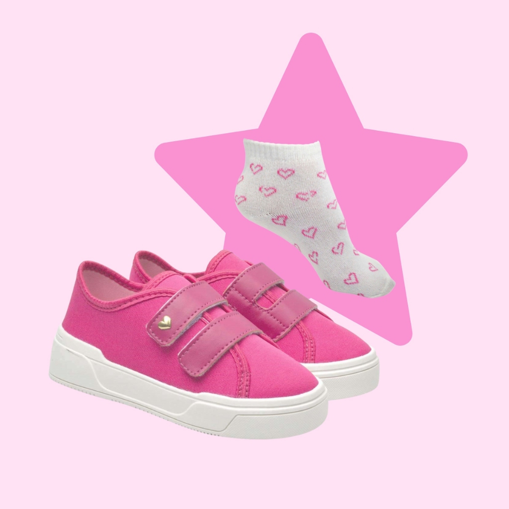 Kit Tênis + Meia Infantil Feminino Casual Confortável Rosa Com Meia Estampada Corações Promoção